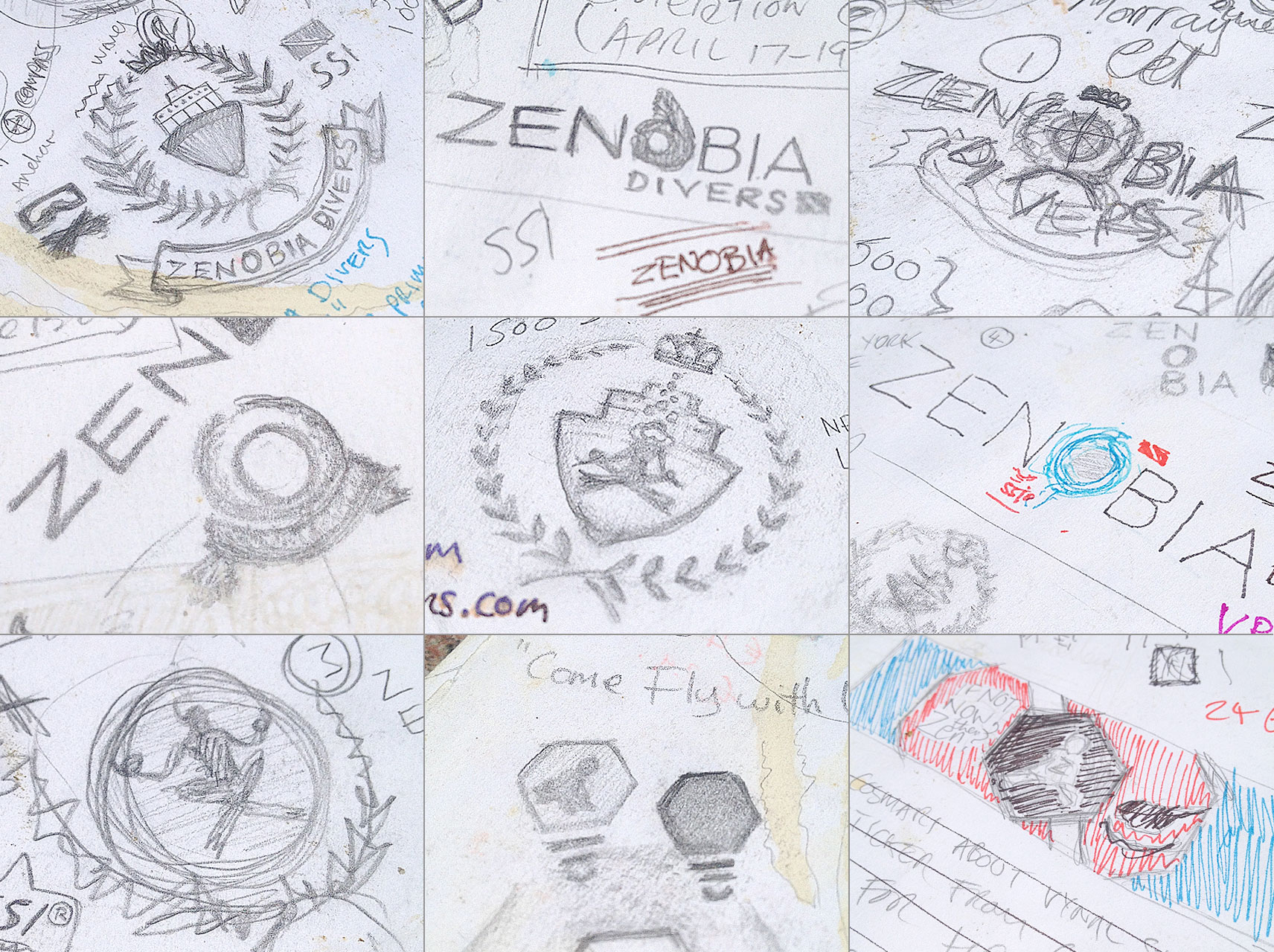 Concept doodles for Zenobia Divers logo.